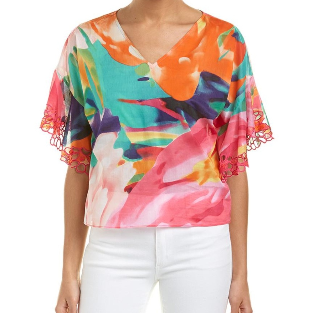 Exploded Floral Printed top w/ embroidered ruffle
